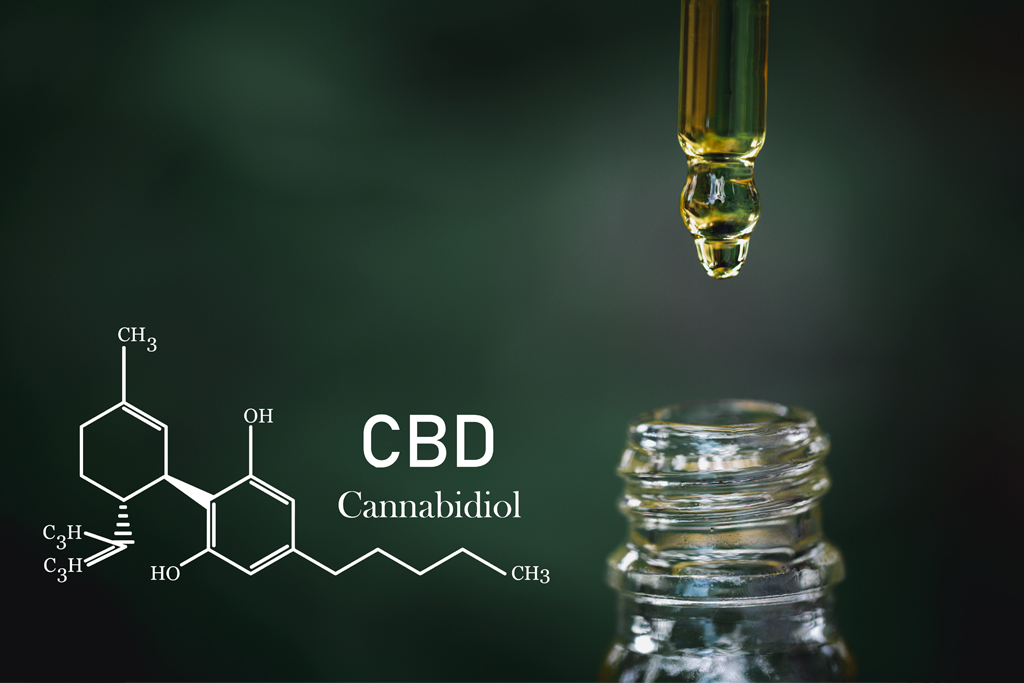 Liquid dropper drips CBD oil into a glass bottle next to a diagram of its elemental make up.