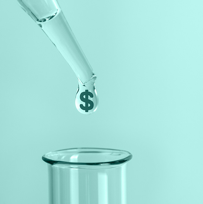 A drop of cannabis oil encasing a dollar sign hangs from a liquid dropper above a glass vial.