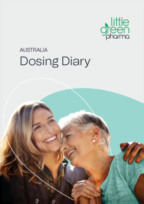 Cover page of Little Green Pharma's dosing diary, featuring a young woman embracing an elderly woman.