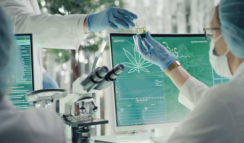 Two scientists exchange a glass of cannabis oil in front of a microscope and computer screens in a lab.